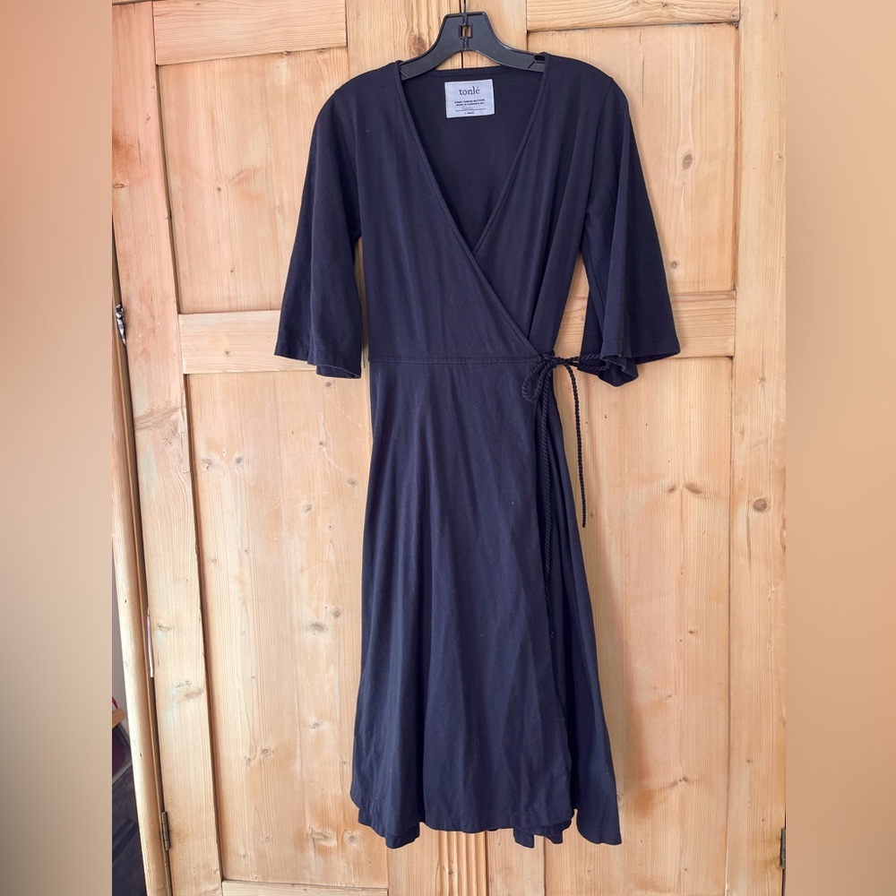 Black cotton knit wrap dress. Sustainable brand. Midi length. XS